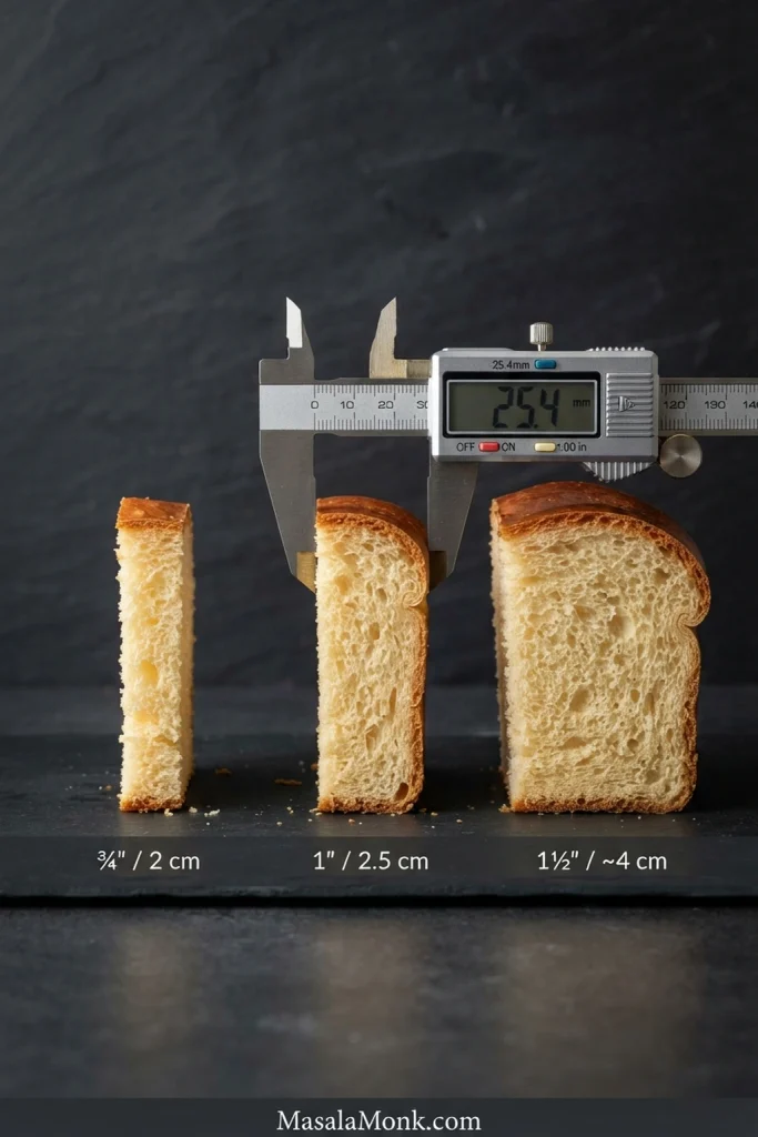 Three brioche slices labelled ¾ inch, 1 inch and 1½ inches are compared beside a measuring tool.