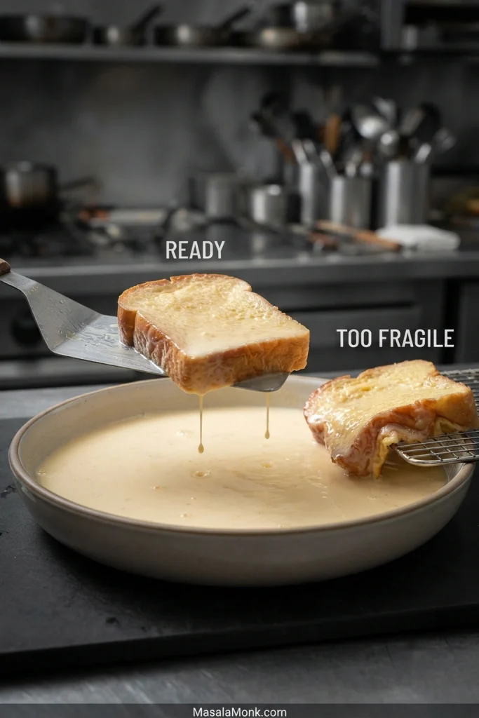 A soaked brioche slice rests on a metal turner above shallow egg-and-milk custard, beside a slice whose lower edge is sagging.
