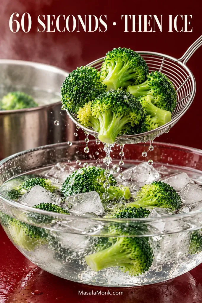Bright green broccoli florets being transferred with a wire skimmer into a clear bowl filled with ice water.