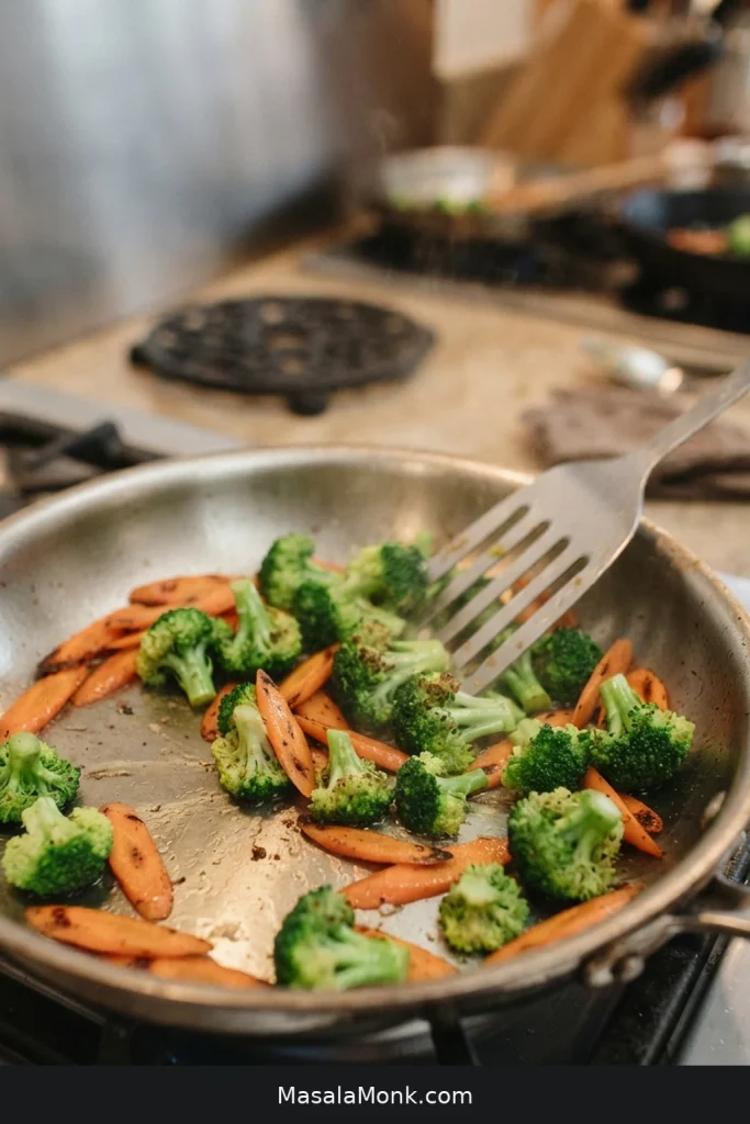 Broccoli florets and thin diagonal carrot slices cooking in a stainless skillet, bright and lightly browned but still firm.