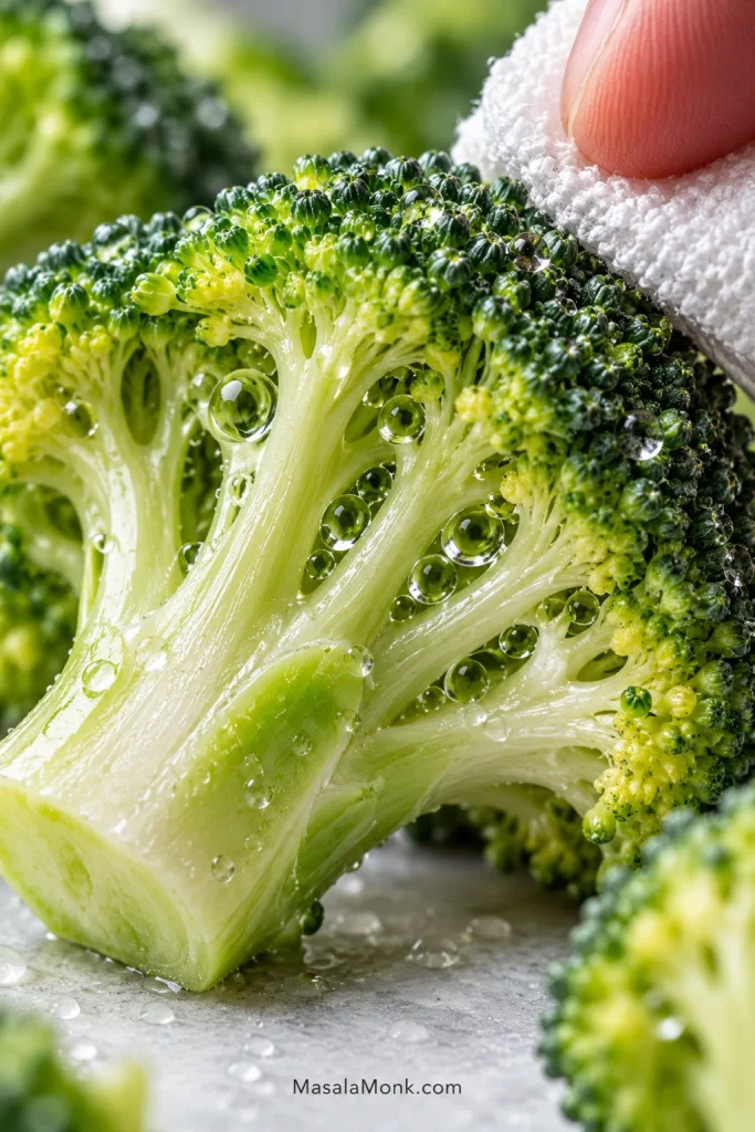 Extreme close-up of water droplets caught between the branching stems and buds of a broccoli floret as a towel touches the surface.
