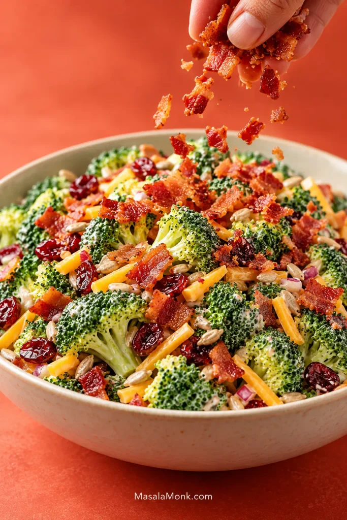 Hand sprinkling crisp bacon pieces over broccoli salad with cheddar, dried cranberries, sunflower seeds and creamy dressing.