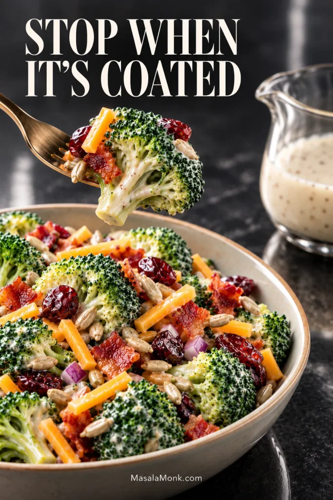Fork lifting a lightly coated broccoli floret above the salad with extra creamy dressing visible in a small glass pitcher nearby.