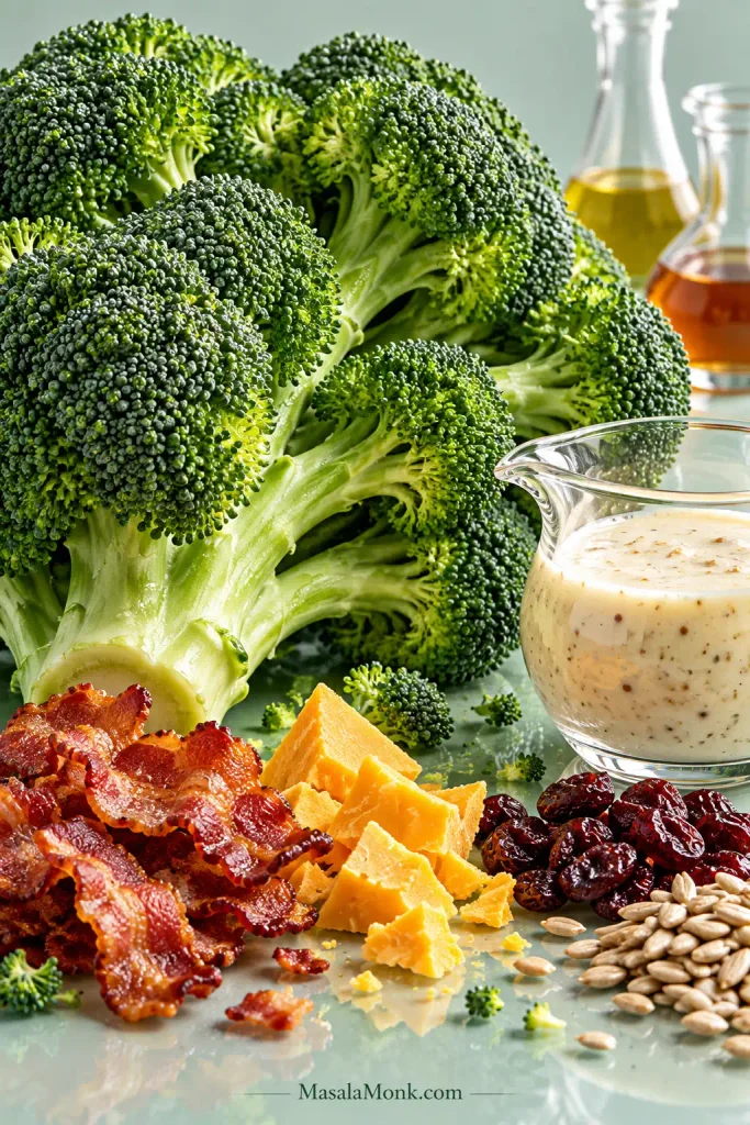 Fresh broccoli arranged with crisp bacon, sharp cheddar, dried cranberries, sunflower seeds and creamy broccoli salad dressing on a pale green surface.