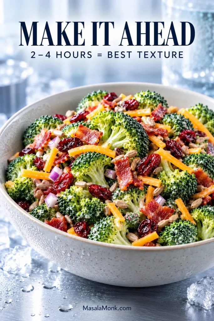 Chilled broccoli salad with bacon, cheddar, dried cranberries and sunflower seeds on a cool metal surface with condensation nearby.