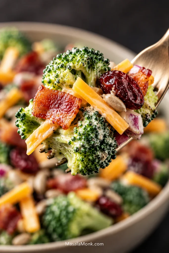 Close-up forkful of broccoli salad with a creamy broccoli floret, bacon, cheddar, dried cranberry, sunflower seed and red onion above the serving bowl.