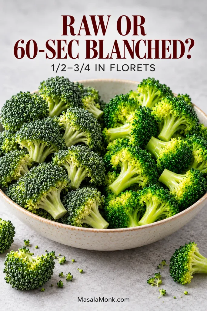Raw dark-green broccoli florets beside brighter briefly blanched florets, with pieces shown at roughly half- to three-quarter-inch size.