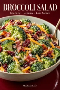 Creamy broccoli salad in a shallow bowl with green broccoli florets, crisp bacon, cheddar, dried cranberries, sunflower seeds and red onion on a deep burgundy background.