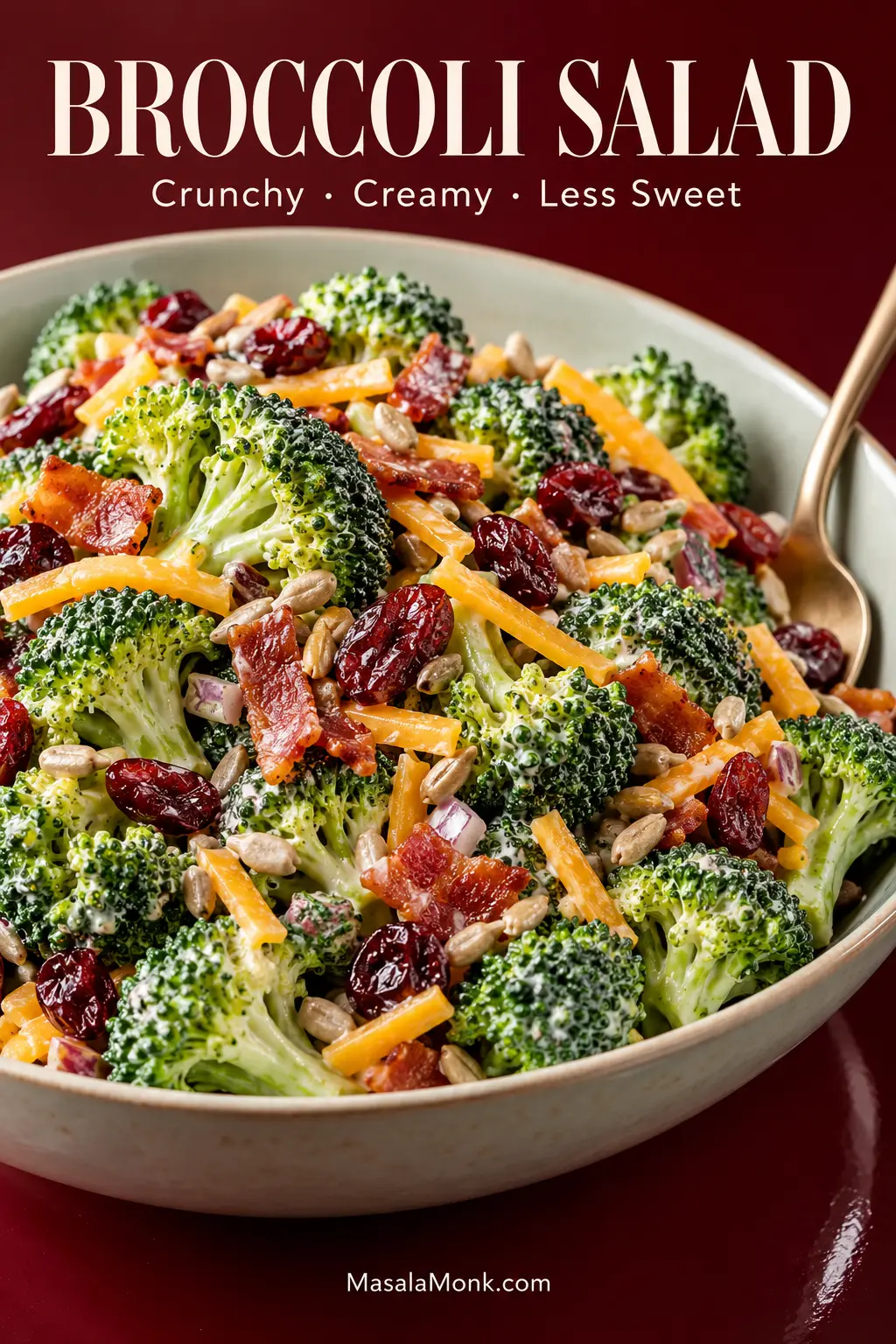 Creamy broccoli salad in a shallow bowl with green broccoli florets, crisp bacon, cheddar, dried cranberries, sunflower seeds and red onion on a deep burgundy background.