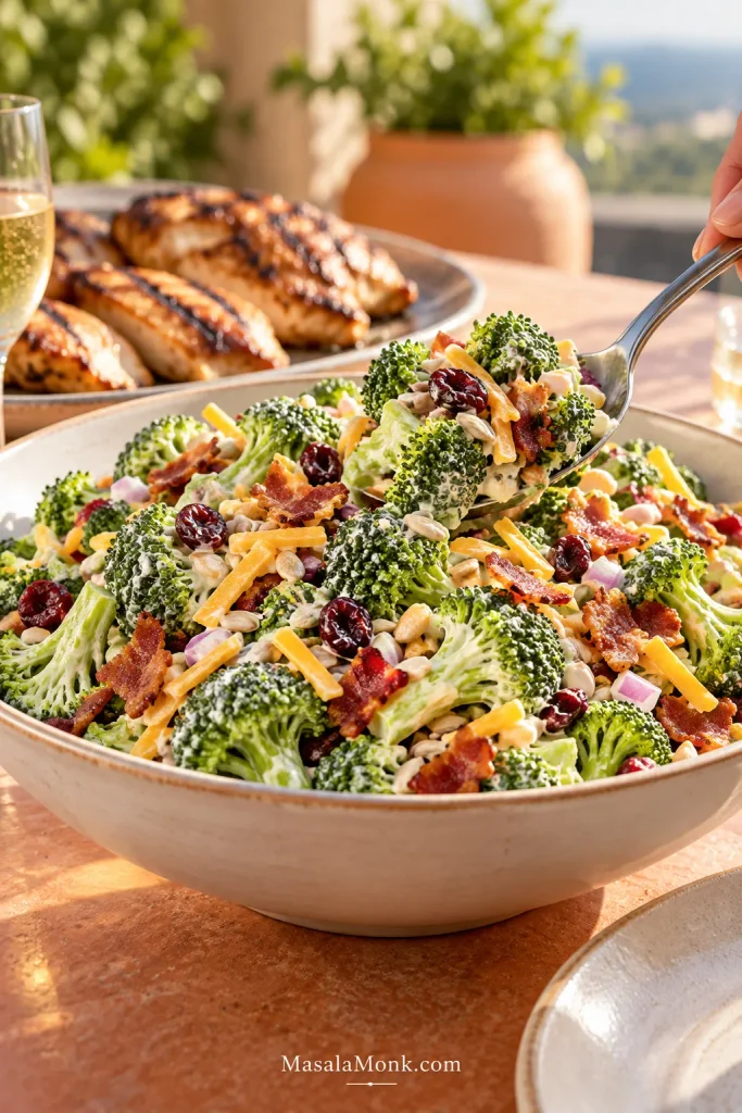 Large bowl of broccoli salad being served with a spoon at a sunlit outdoor table, with grilled chicken and a drinking glass softly blurred in the background.