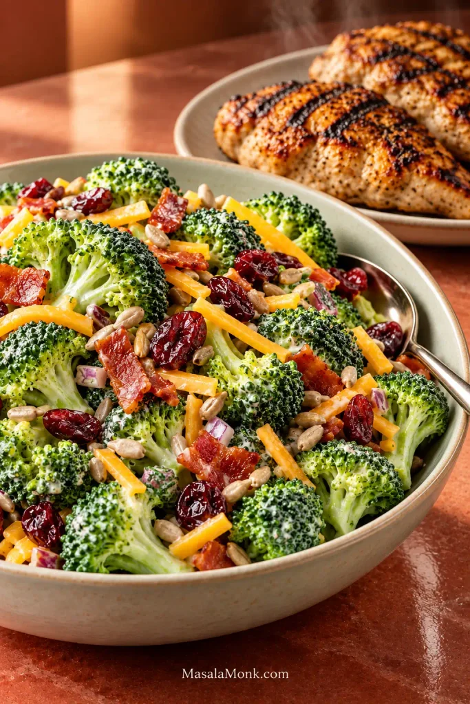 Creamy broccoli salad in the foreground with browned grilled chicken behind it on a warm terracotta table.