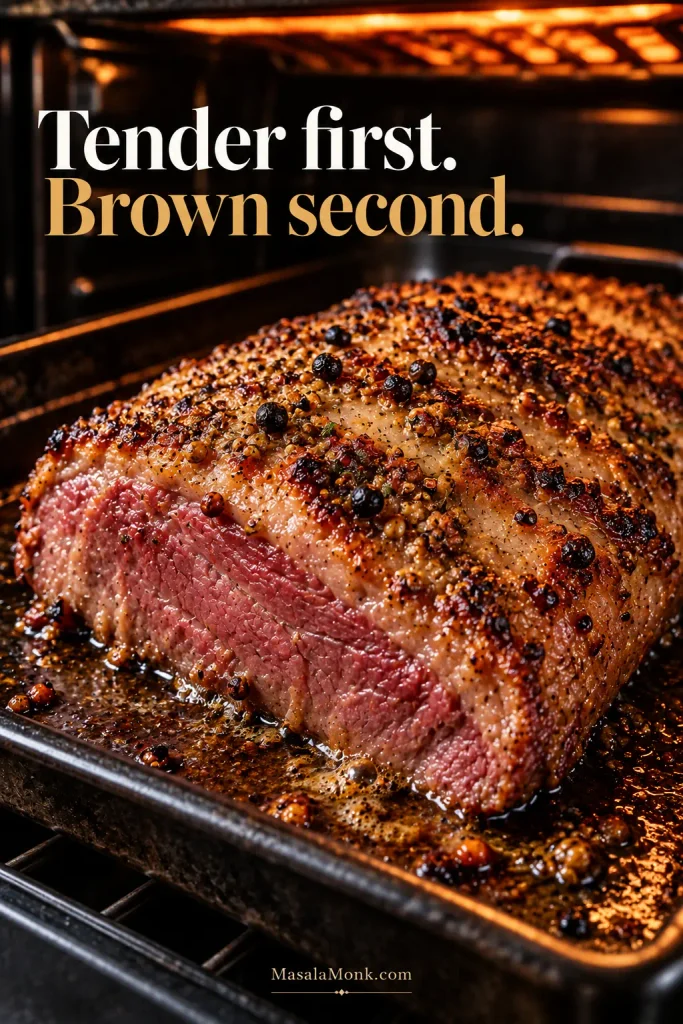 Tender whole corned beef brisket under a broiler with a mustard and spice coating beginning to bubble and brown.