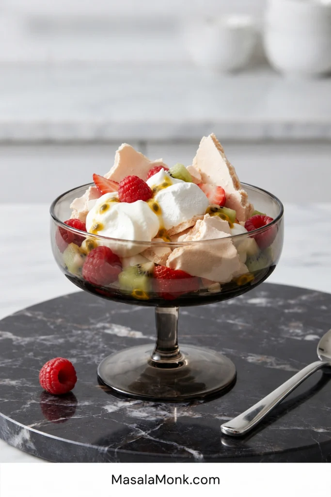 Glass dessert bowl layered with broken Pavlova pieces, whipped cream, raspberries, strawberries, kiwi and passion fruit.
