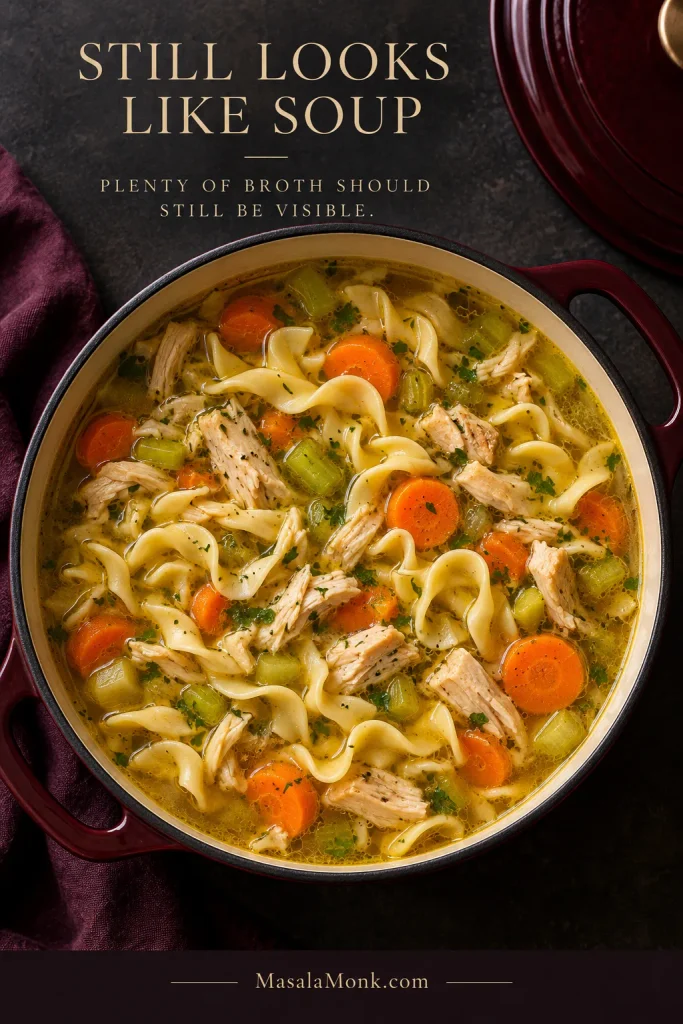 Overhead view of finished chicken noodle soup in a burgundy Dutch oven, with wide egg noodles, chicken, carrot and celery surrounded by clearly visible golden broth. Text reads “Still Looks Like Soup — Plenty of Broth Should Still Be Visible.”