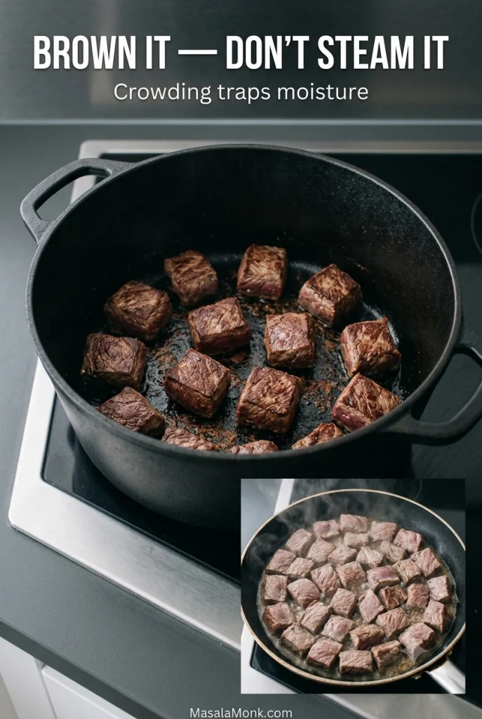 Instructional graphic showing well-spaced beef cubes browning in a dark pot beside an inset of crowded, pale beef releasing moisture. Text reads “Brown it — don’t steam it.”