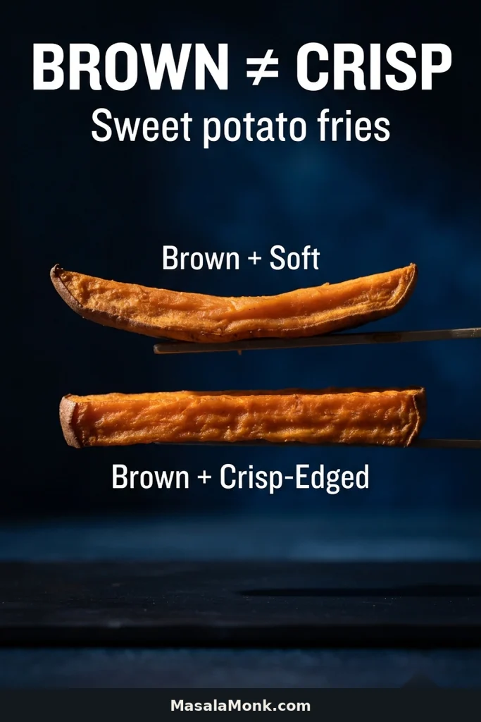 Two browned sweet potato fries compared side by side, with one appearing soft despite its dark color and the other showing a firmer, more set browned exterior.
