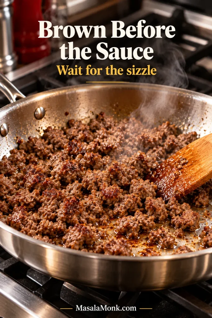 Irregular crumbles of ground beef browning in a stainless steel skillet, with browned surfaces and steam rising from the hot pan.