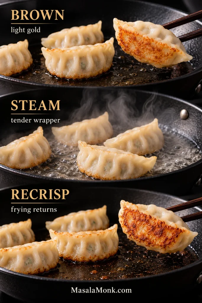 Three stages of cooking gyoza: a lightly browned underside, dumplings steaming in the skillet and a deeper golden underside after final recrisping.