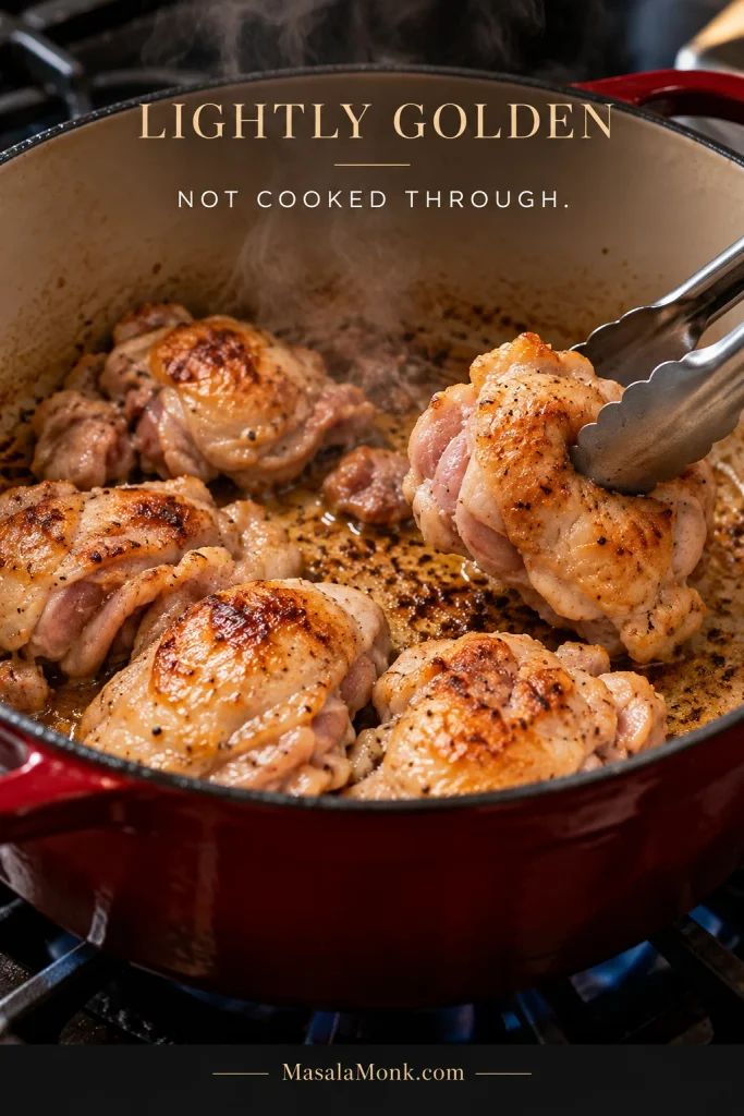 Boneless chicken thighs browning in a red Dutch oven, with golden patches, some still-uncooked areas and browned fond developing underneath. Text reads “Lightly Golden — Not Cooked Through.”