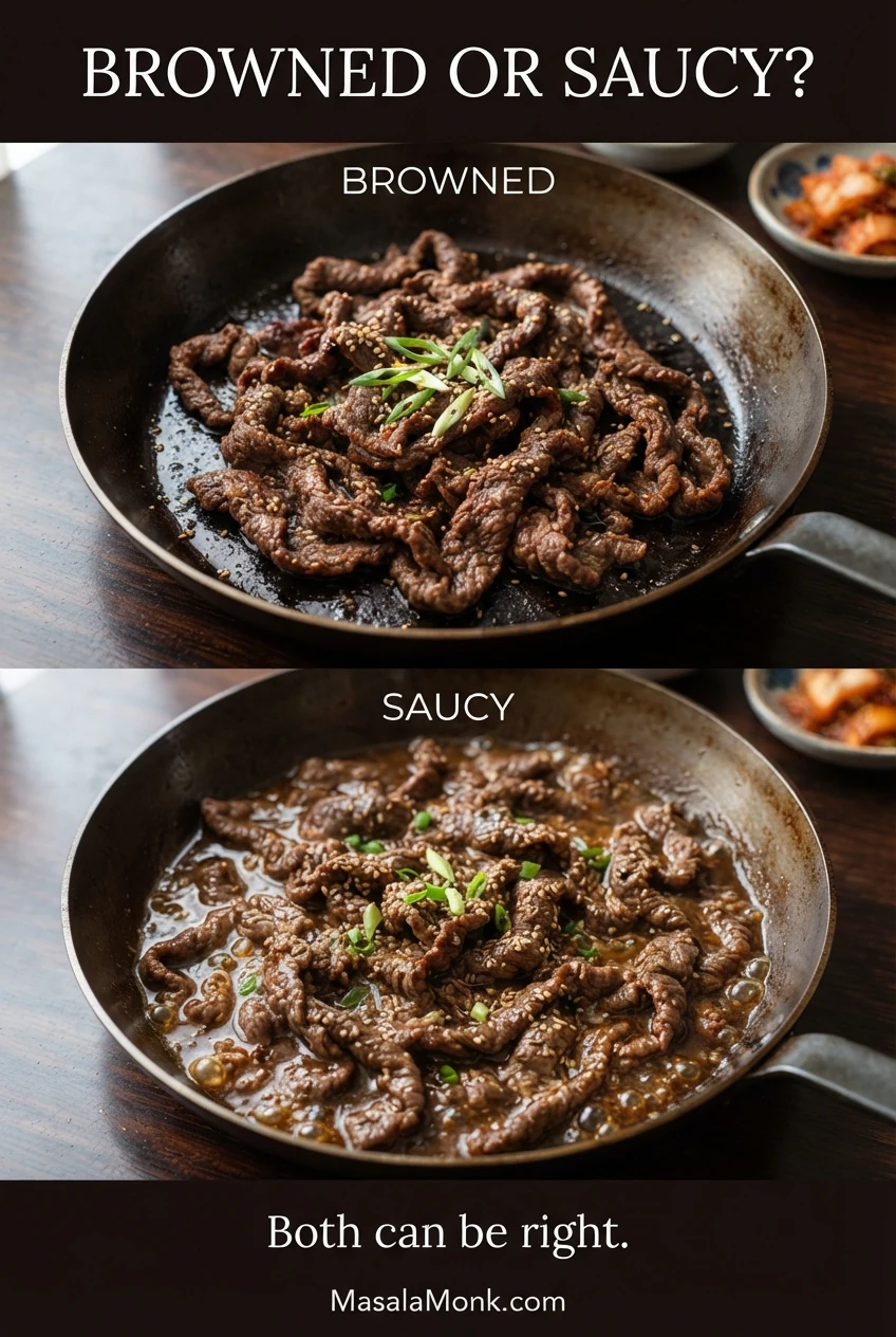 Comparison of browned bulgogi with little pan liquid and saucy bulgogi surrounded by visible cooking juices.