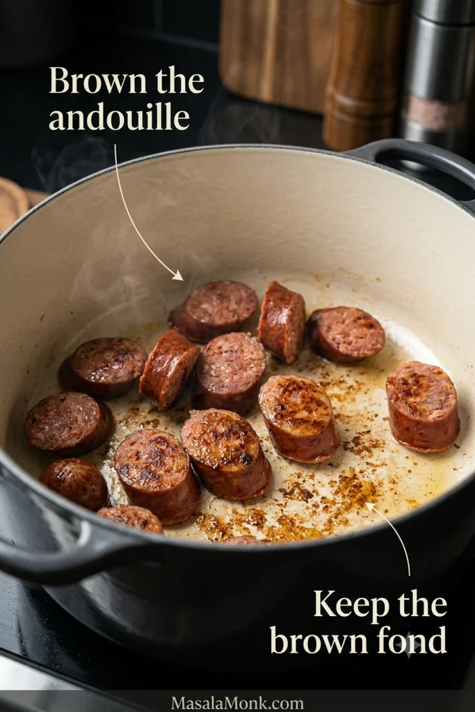 Andouille sausage browning in a light enameled Dutch oven with rendered fat and caramelized brown fond on the bottom.