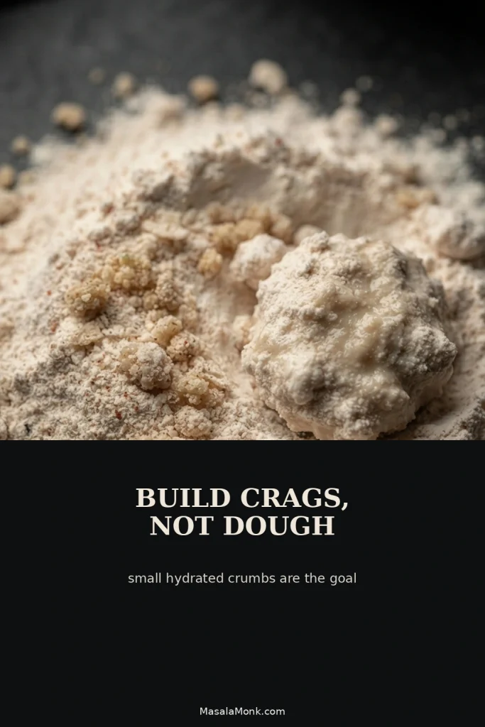 Close-up guide showing small hydrated flour crumbs for craggy breading contrasted with a large wet dough-like flour clump.