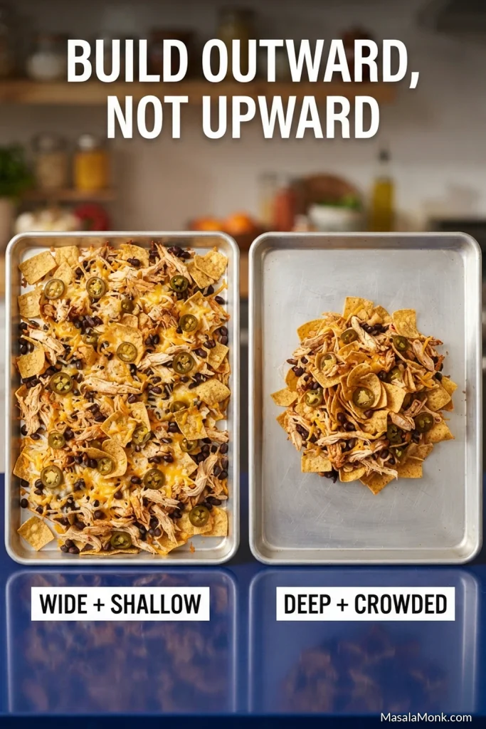 Two matching sheet pans comparing chicken nachos spread widely in a shallow layer with the same amount of food concentrated into a deep central pile.
