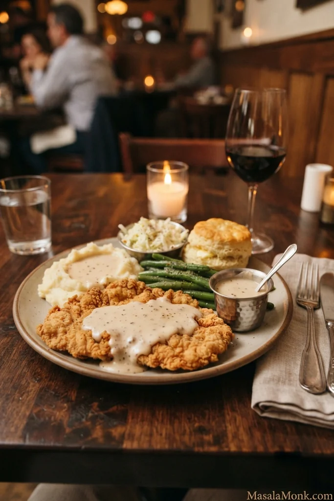 Chicken fried chicken with pepper gravy served as a full dinner with mashed potatoes, green beans, coleslaw, a biscuit, and extra gravy.