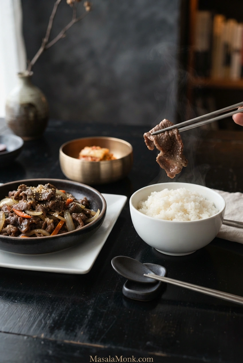 Finished thin-sliced bulgogi served with steaming white rice and a few Korean-style accompaniments on a dark table.