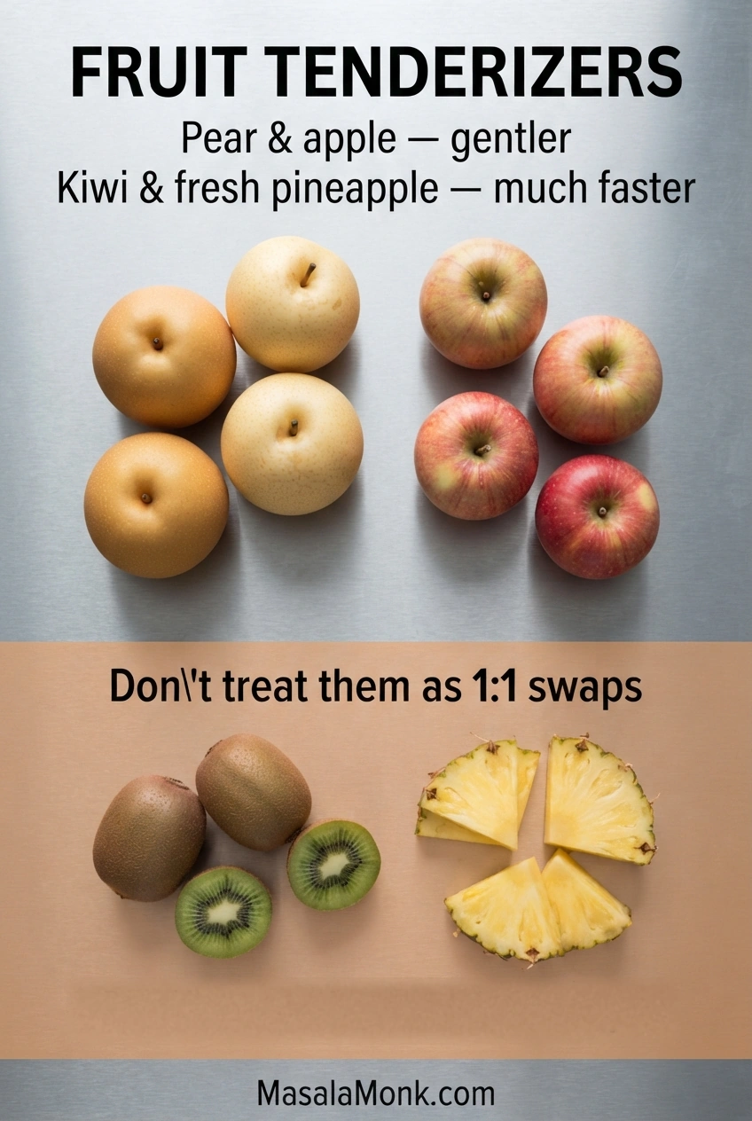 Asian pear and apple shown as gentler fruit tenderizers, compared with kiwi and fresh pineapple shown as faster tenderizers.