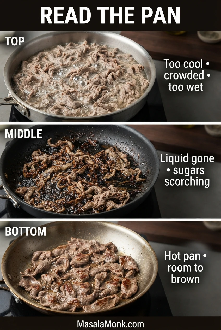 Three skillet states showing pale beef in bubbling liquid, beef with dark sticky scorched residue, and properly browned bulgogi with little liquid.