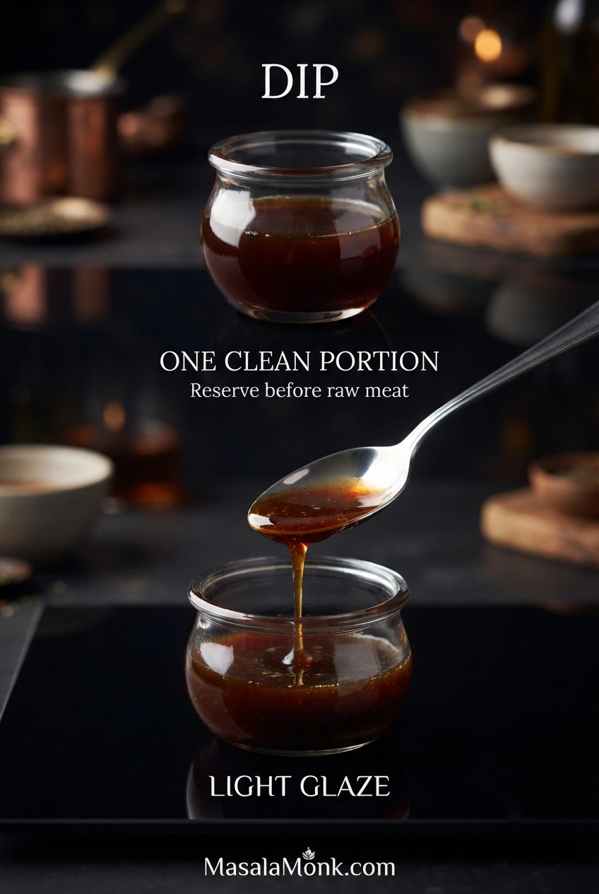Dark bulgogi sauce shown as a thin dipping sauce and as a slightly reduced glaze lightly coating a spoon.