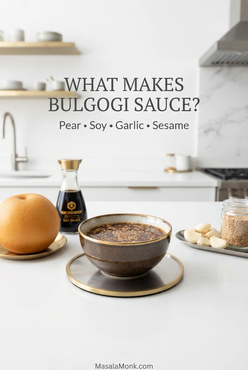 Dark bulgogi marinade in a bowl surrounded by Asian pear, soy sauce, garlic, sesame and other marinade ingredients on a white surface.