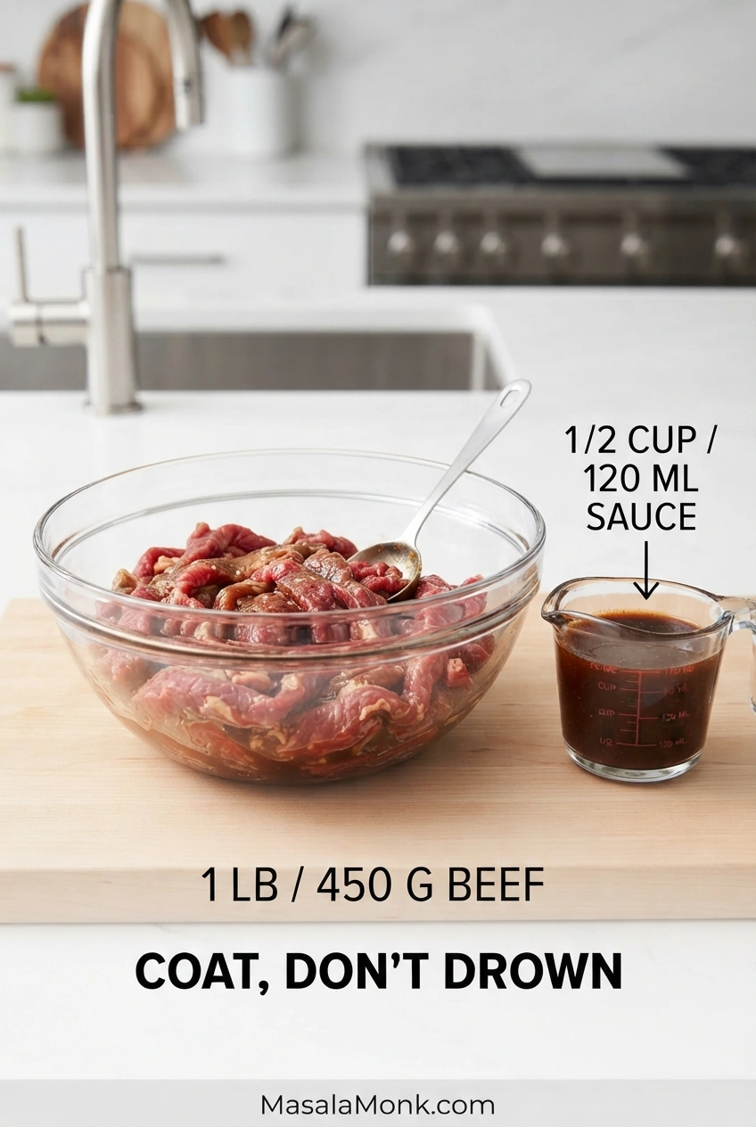 Thin raw beef coated with dark bulgogi marinade in a glass bowl beside a measuring cup of sauce.