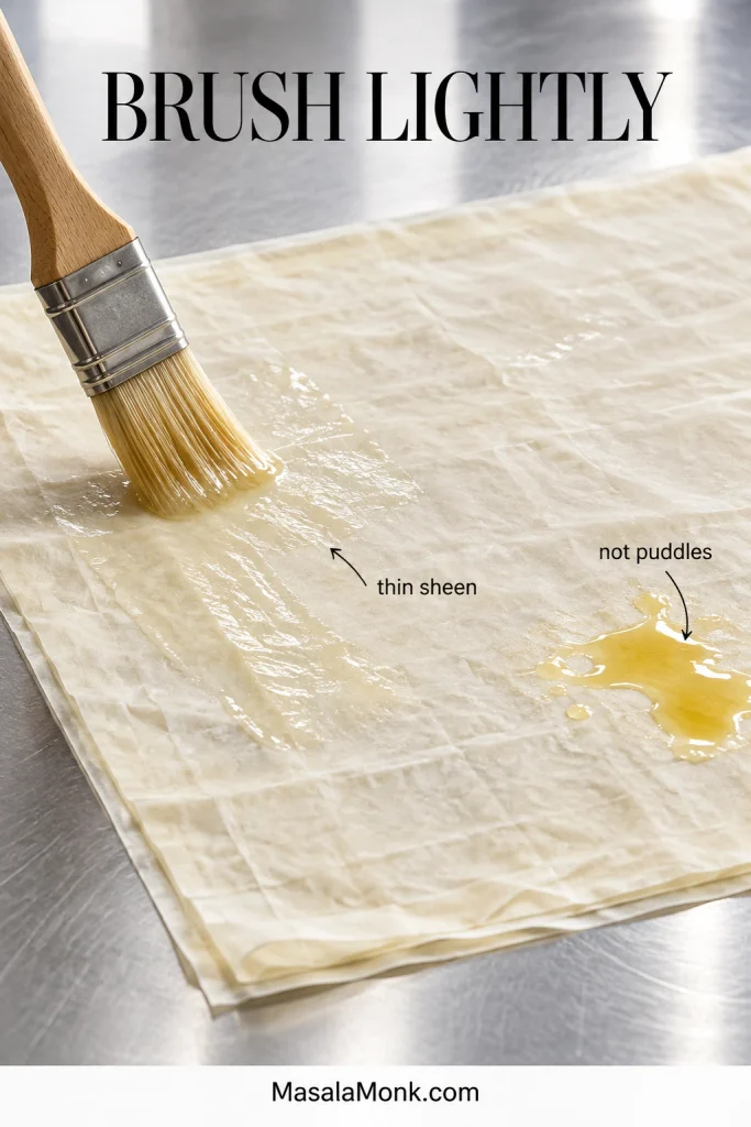 Raw paper-thin phyllo being lightly brushed with melted butter, with a small comparison area showing excess butter pooling on the sheet.