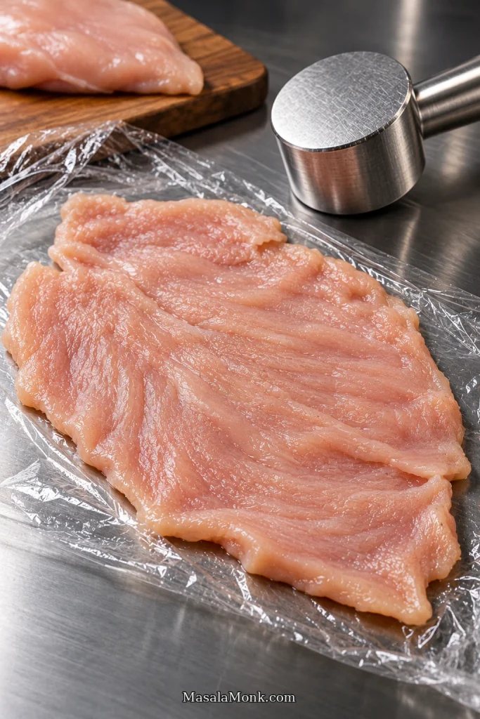 Butterflied raw chicken breast flattened into a broad, even sheet on plastic wrap, with a metal meat mallet beside it.