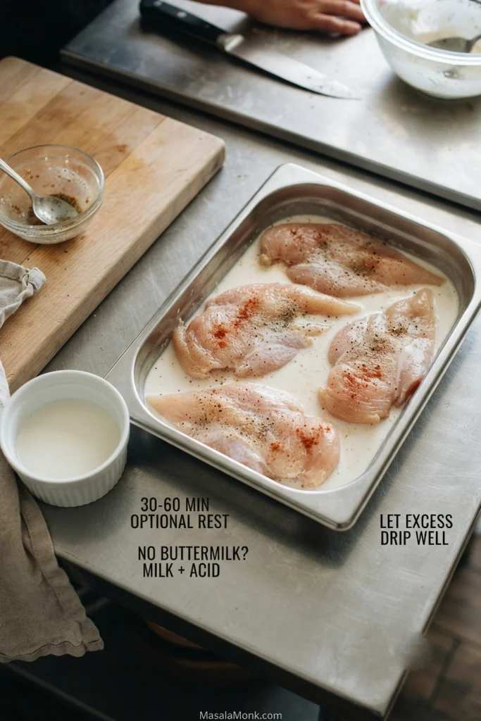 Chicken breast cutlets resting in a shallow bowl of buttermilk beside a thinner milk-and-acid substitute, with a 30 to 60 minute rest indicated.