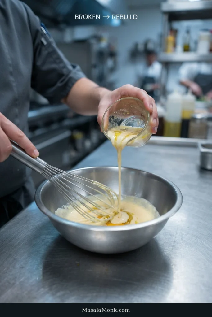 Separated Caesar dressing is added from a small glass vessel to a clean bowl with a fresh yolk base while a whisk mixes it.