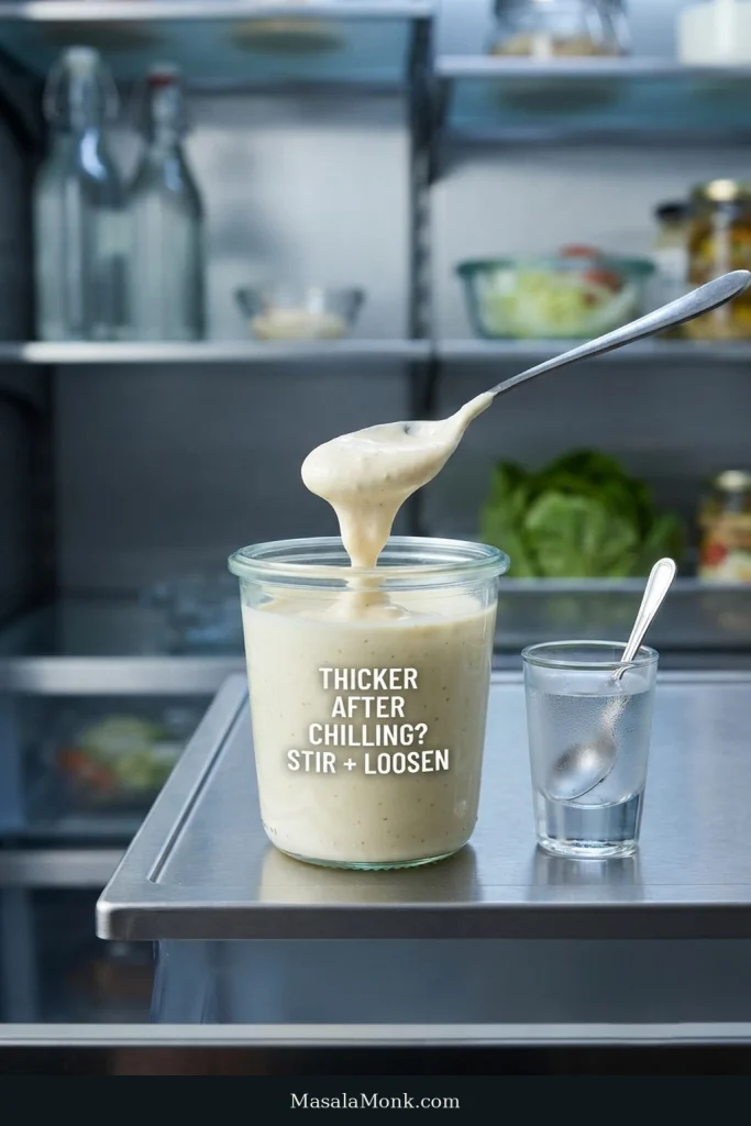 A jar of chilled Caesar dressing sits in a refrigerator while a spoon lifts the thickened sauce beside a small measure of water.