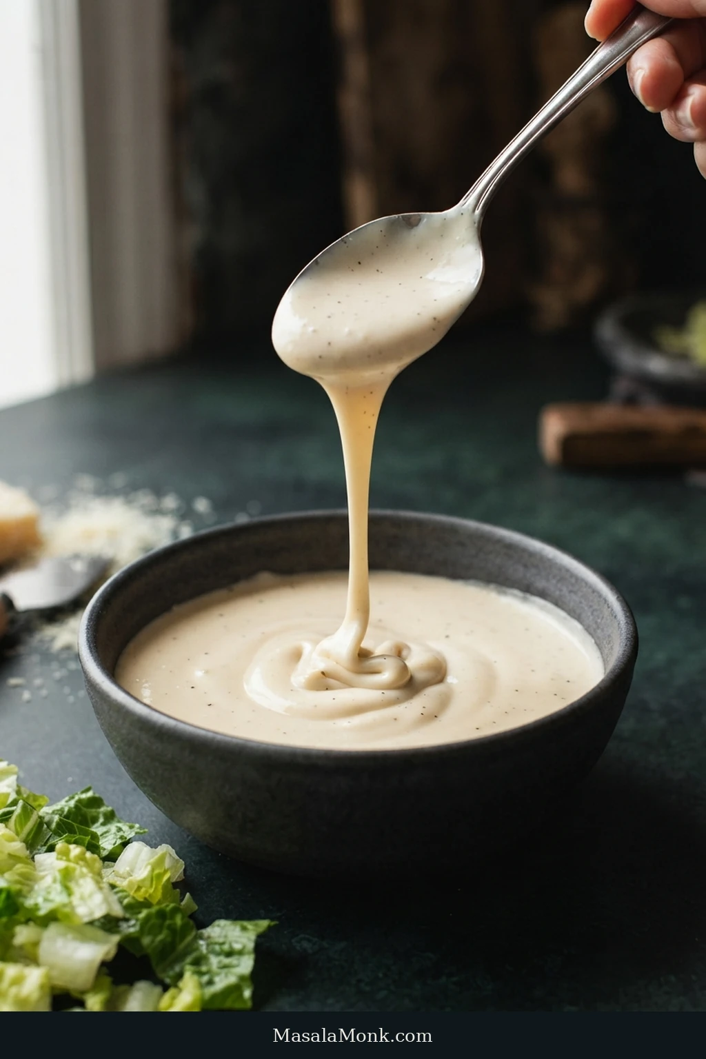 A spoon lifts a ribbon of ivory Caesar dressing above a dark bowl, with romaine and Parmesan nearby.