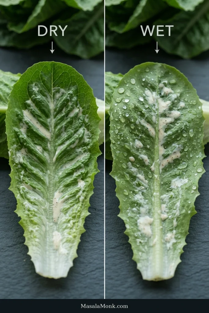 A romaine leaf with a thin coating of dressing is compared with a water-speckled leaf where the dressing looks patchier.