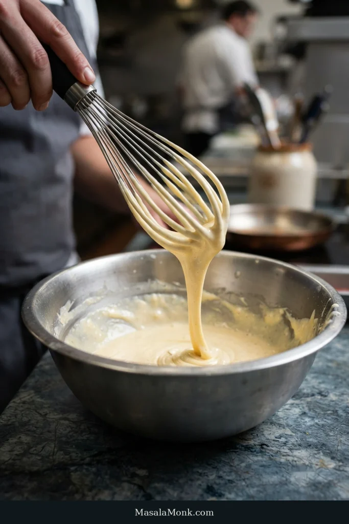 A whisk lifts pale, glossy Caesar emulsion from a stainless-steel bowl, leaving thick trails in the mixture.