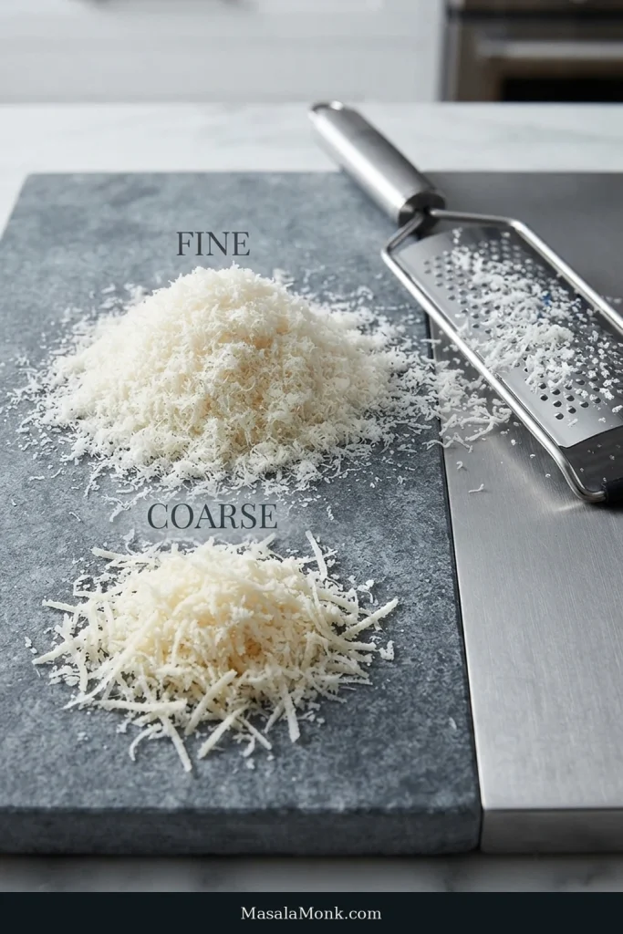Fine, fluffy Parmesan and coarser Parmesan shreds sit beside a fine grater on a dark surface.