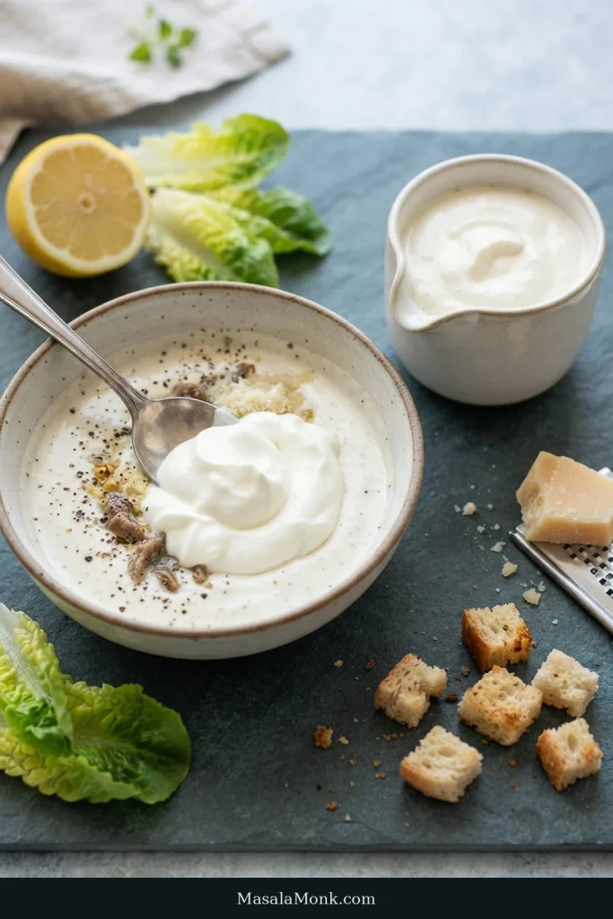 Thick Greek yogurt is folded into creamy Caesar dressing, with a bowl of the finished variation nearby.