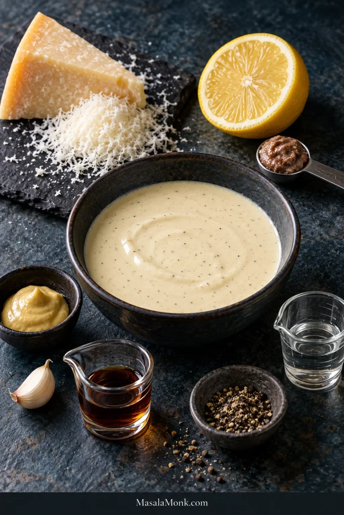 A bowl of ivory Caesar dressing arranged with Parmesan, lemon, anchovy paste, garlic, Dijon, Worcestershire, black pepper and small measures of water.