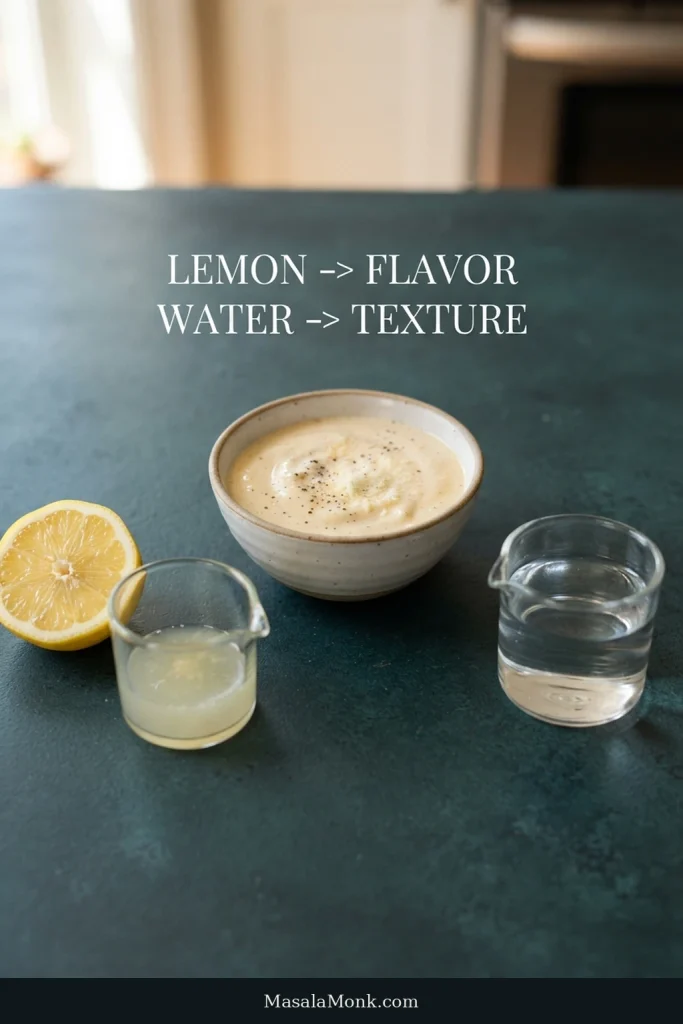 A bowl of Caesar dressing sits between lemon juice and water, labeled “Lemon → Flavor” and “Water → Texture.”