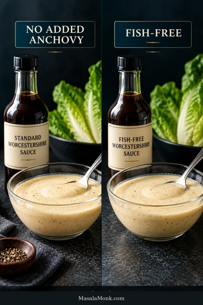 Two bowls of Caesar dressing sit beside standard and fish-free Worcestershire bottles under “No Added Anchovy” and “Fish-Free” labels.