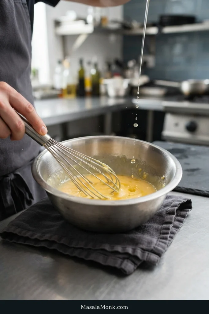 Oil falls in small drops into a yellow yolk mixture in a stainless-steel bowl as a whisk incorporates it.