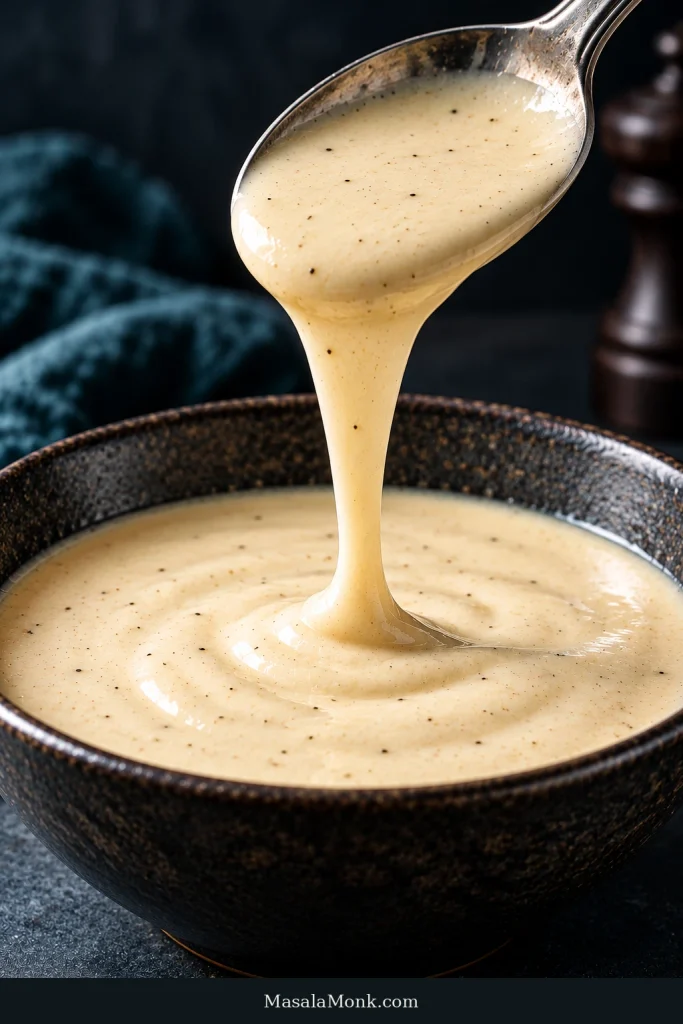 A spoon releases a continuous ribbon of ivory Caesar dressing into a dark bowl.
