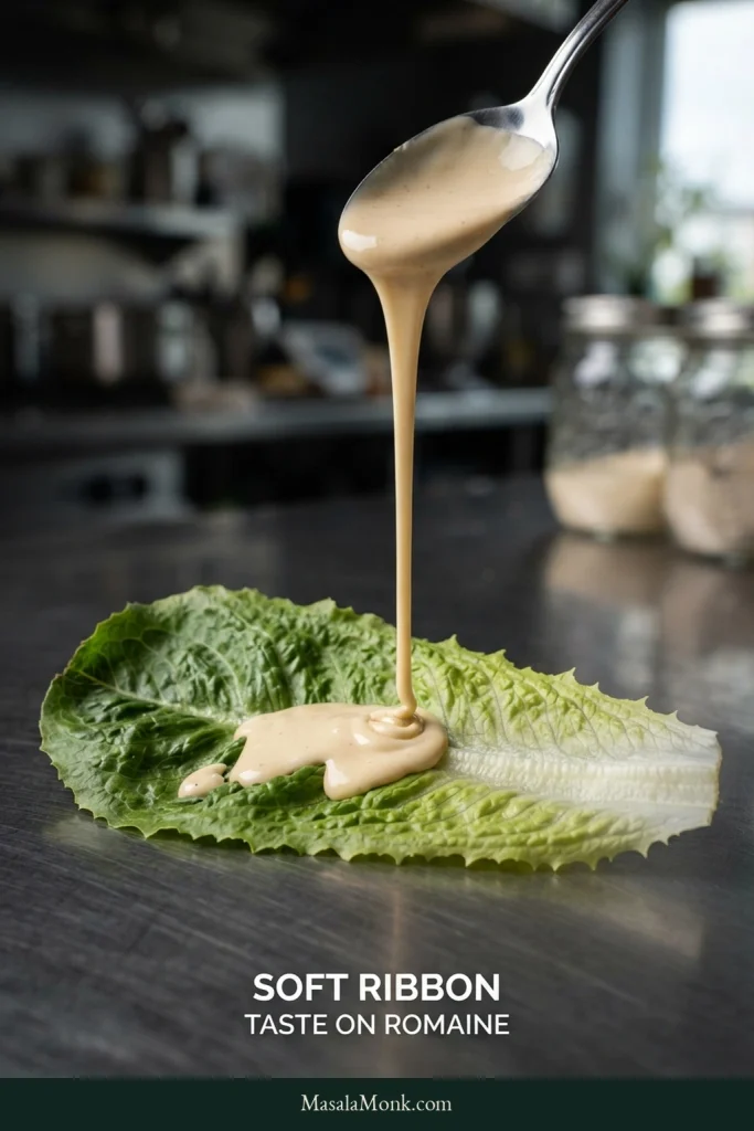 Creamy Caesar dressing pouring in a narrow ribbon from a spoon onto a whole romaine leaf on a stainless-steel work surface.